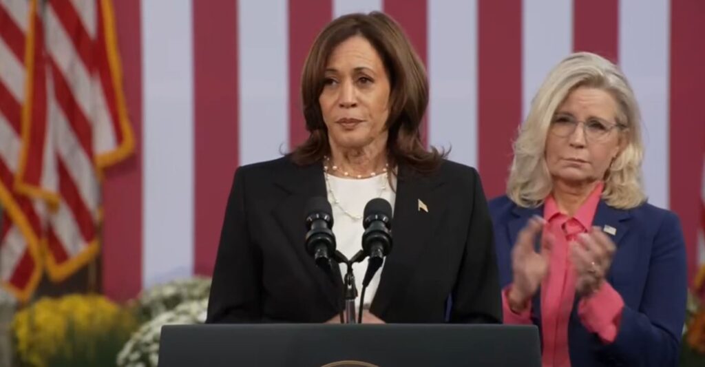 Kamala Harris (Democrat) and Liz Cheney (Republican) campaign together in Ripon, Wisconsin on October 3, 2024 ahead of the November 5th, Presidential Election. Photo courtesy of PBS News Hour and YouTube.