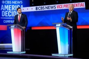 J.D. Vance (L) and Tim Walz (R), Vice Presidential candidates debate at CBS in Manhattan on October 1, 2024. Courtesy of CBS News via apnews.com