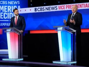 J.D. Vance (L) and Tim Walz (R), Vice Presidential candidates debate at CBS in Manhattan on October 1, 2024. Courtesy of CBS News via apnews.com