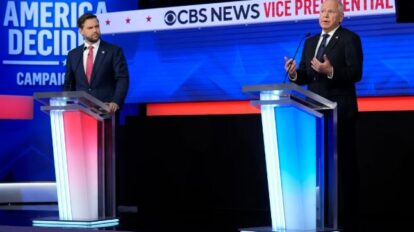 J.D. Vance (L) and Tim Walz (R), Vice Presidential candidates debate at CBS in Manhattan on October 1, 2024. Courtesy of CBS News via apnews.com