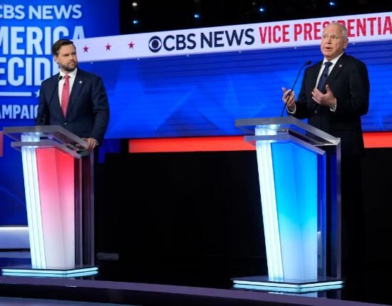 J.D. Vance (L) and Tim Walz (R), Vice Presidential candidates debate at CBS in Manhattan on October 1, 2024. Courtesy of CBS News via apnews.com